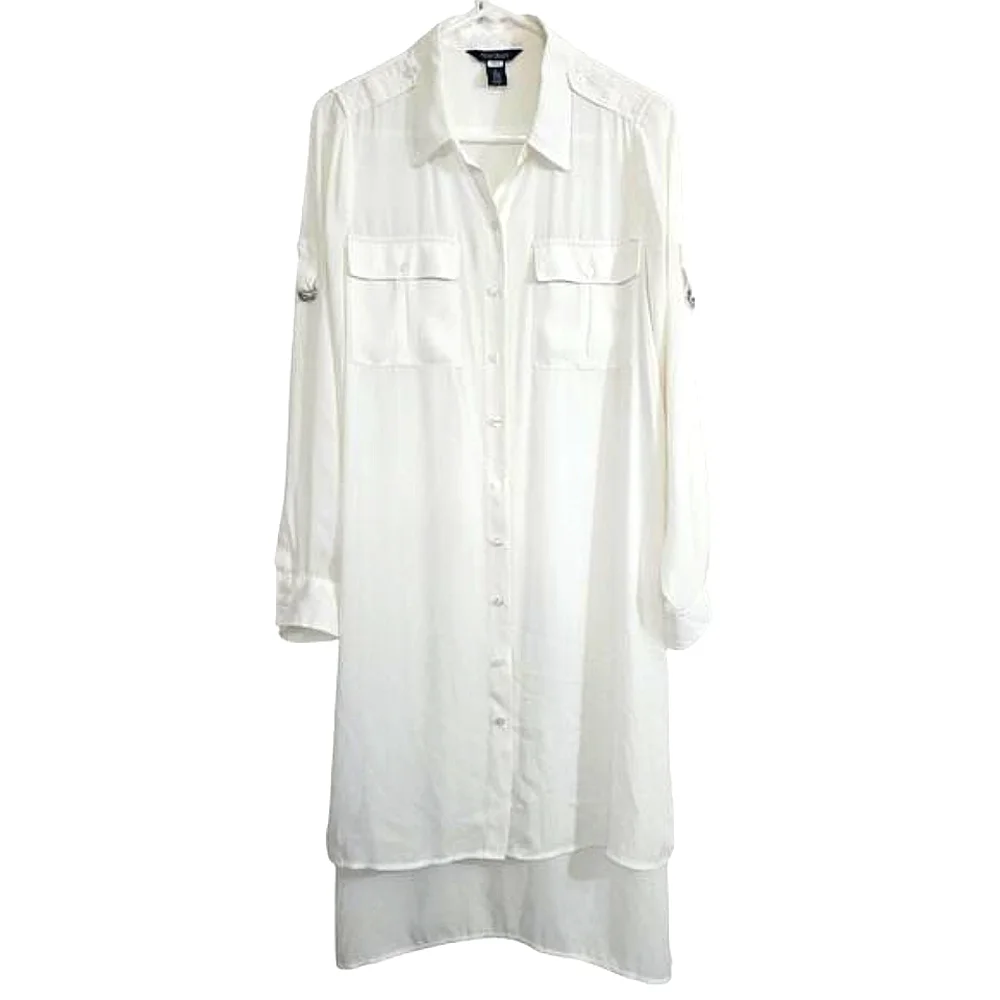White House Black Market White High Low Tunic Blouse 10 Buttons Office Pockets - Picture 1 of 10